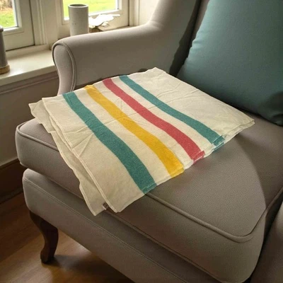 Vtg Horner Wool Camp Blanket 84x72 Cabin Stripe All Wool Grand Rapids Michigan - Image 1 of 4