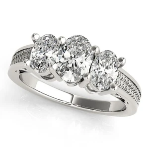 Sale! 2Ct DE/VS Lab-Grown Oval Diamond 3 Stone Engagement Ring – 18K White Gold - Picture 1 of 29