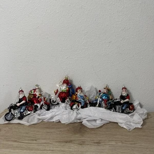 Glass Biker Santa On Motorcycle Christmas Ornament Set Of 6 - Snowman On Bike - Picture 1 of 11