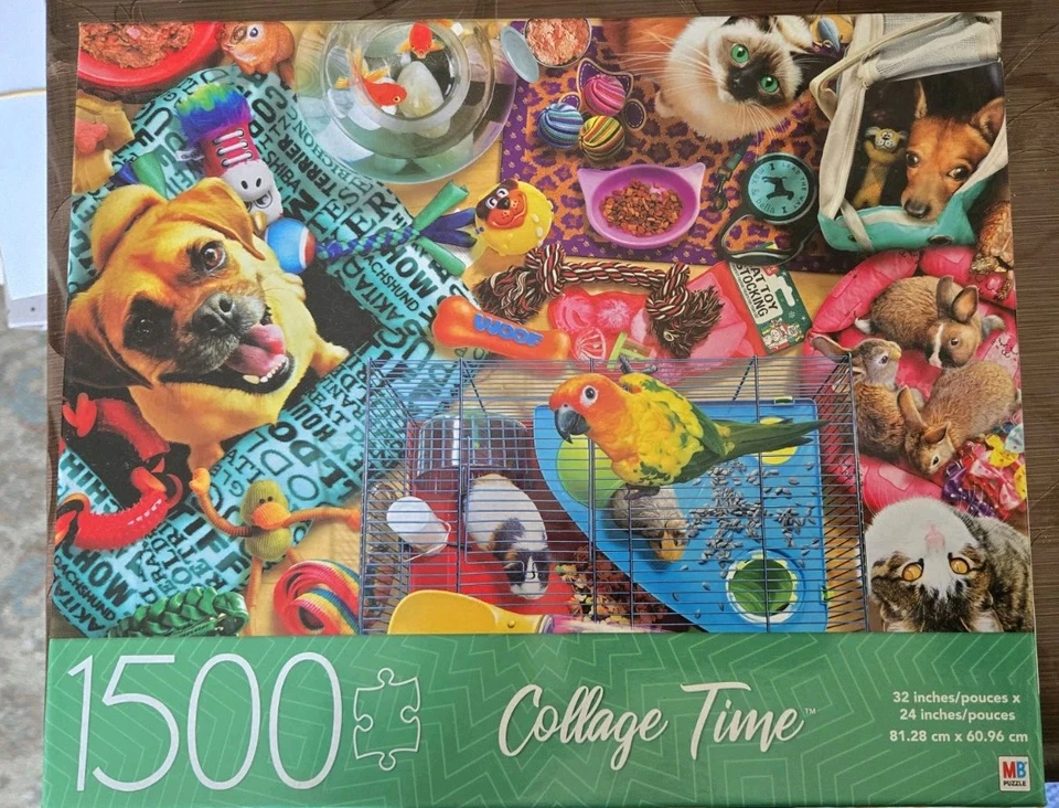 Collage Time Pets Dogs Cats Bird Bunny MB Jigsaw Colorful Puzzle 1500 PIECE NEW - Image 1 of 1