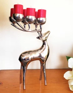 REINDEER DEER SILVER CHROME METAL CANDLEHOLDER CHRISTMAS CENTERPIECE DECOR GIFT - Picture 1 of 6