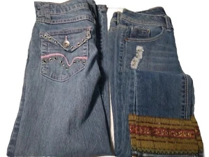 Lot of 2 Girls Jeans Sz 7 & 8 Blue Spice  Embroidered, Faded Glory rivet pockets - Picture 1 of 10