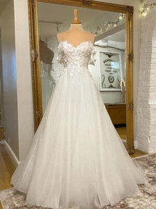 Boho Tulle Applique Wedding Dresses Long Lace Up Back A-line Bridal Gowns Train - Picture 1 of 7
