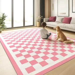 Washable 4x6 Checkered Area Rug for Living Room, Pink Checkerboard Modern Boh... - Picture 1 of 9