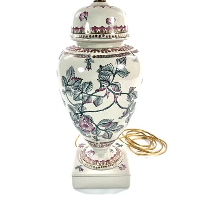 Vintage Chinoiserie Table Lamp Pastel Floral Asian Hollywood Regency Pink Green - Image 1 of 4