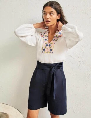 NUEVO Boden Azul Marino Algodón/Lino Bolsa de Papel Cintura Pantalones Cortos 6 $90 Foto 1 de 4