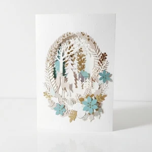 Schneehütte Punze NEU Grußkarte Urlaub Weihnachten Winter Hirsch Wald - Bild 1 von 7