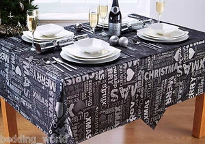 XMAS WORDS BLACK SILVER TABLE CLOTHS METALLIC GREY HEART TEXT PARTY CHRISTMAS - Picture 1 of 3