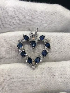 14k Oro Bianco Originale Diamanti & Zaffiro Blu Pendente a Cuore Aperto 1.45ct - Foto 1 di 12