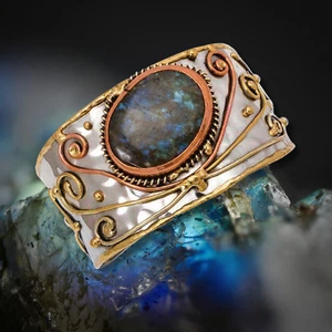 Anju Chunky LABRADORITE Gemstone Cuff Statement Bracelet, Mixed Metal Cuff - Picture 1 of 7