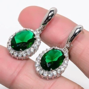 925 Silver Chrome Diopside Gemstone White Topaz Channel Set Dangling Earrings - Picture 1 of 7