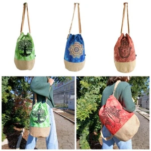 Drawstring Stonewash Cotton Canvas Backpack - Hippy Fabric Rucksack Bag - Picture 1 of 19