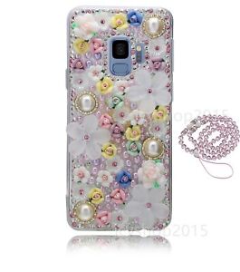 Women Bling Diamonds Purple Pearls Flowers Back Phone Case With Crystals Lanyard