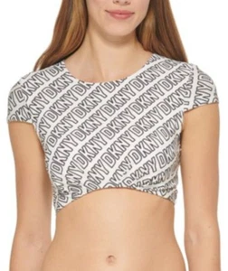 DKNY Women's XS Cap Sleeve Cropped Swim Top B&W Logo NWT 50+ - Picture 1 of 16