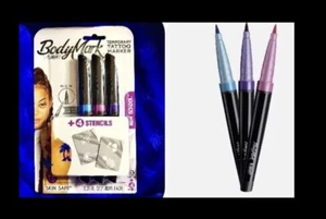 3pk BIC BODYMARK TEMPORARY TATTOO MARKER Purple,Blue,Pink + Stencils,brush Tip - Picture 1 of 24