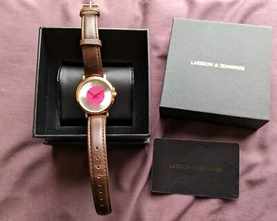 BNIB Larsson & Jennings Code Dot Watch Cerise Pink 38mm Face Brown Leather Strap - Image 1 of 4