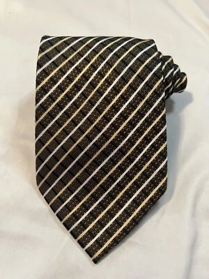 Vazzoni Black/Brown/Gold/White Striped/Plaid 100% Polyester Tie Necktie 60"x4" - Image 1 of 4