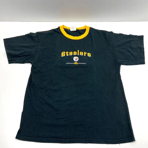 Pittsburgh Steelers T Shirt NFL Black Yellow Ring Neck Short Slv Embroidered L Cover