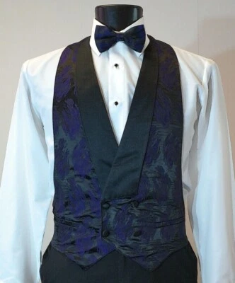 Purple Backless Feather Print Vest w/ Pre Tied Bow Tie and Pocket Square-Prom - Image 1 of 4