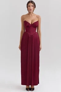 House of CB Marcella Maxi Abito XS Berry Rosso Pieghettato Georgette Abiti Senza Spalline - Foto 1 di 13