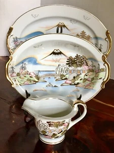 Schönes Vintage Kutani handbemalt mit Gold 3 Stück Set Berg Fidschi Dorf Szene - Bild 1 von 7