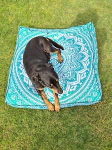 Boho Large Square Floor Cushion Cover Cotton Hand Printed - Teal & White Mandala - Picture 1 of 3