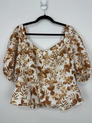 Commonry Size 20AU 100% Linen Vintage Tropical Print Top Resort Balloon Sleeve - Image 1 of 4