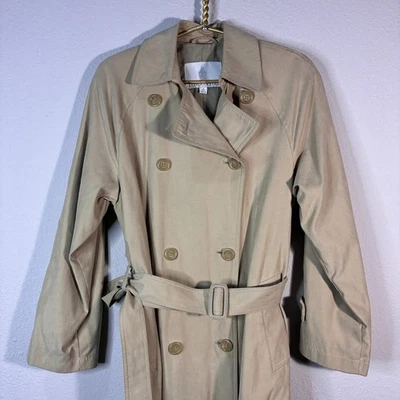 Винтажный London туман женщин Тренч размер 8 миниатюрный классический подпоясанный желтовато-коричневый - Изображение 1 из 4