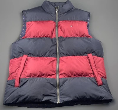 Tommy Hilfiger Down Puffer Vest Jacket Red/Blue Stripe Floral Lining Men’s XL - Image 1 of 4