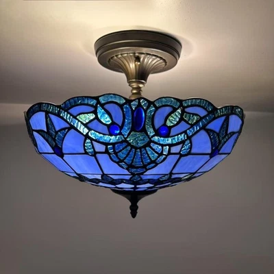 Luces de techo estilo Tiffany vitral azul estilo barroco 12"H*16"W*16"D Foto 1 de 4