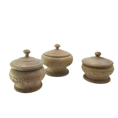 Juego de 3 contenedores de baratijas de madera vintage tarro decoración del hogar tallado a mano boho Foto 1 de 4