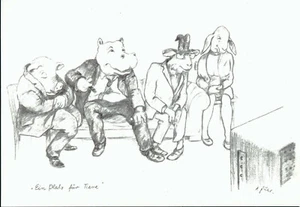 Postkarte Karikatur Kunstkarte Kohlezeichnung Tiermenschen "Ein Platz für ..."   - Bild 1 von 1