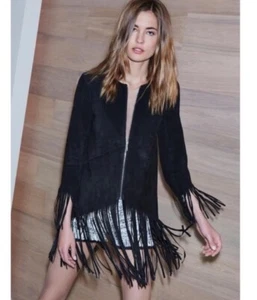 $995 ALEXIS INTERMIX "MIKA" BLACK LEATHER FRINGE BOHO RUNWAY JACKET S - Picture 1 of 12