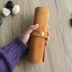 Handmade Genuine Leather 5 slots Pen Case Roll up Pencil Bag Pouch Brush Button