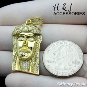 MEN 925 STERLING SILVER ICY BLING CZ 3D GOLD PLATED JESUS HEAD PENDANT*AGP371 - Picture 1 of 4