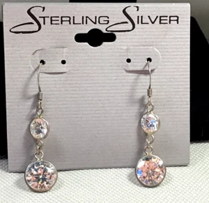 925 Sterling Earrings Silver Cubic Zirconia Stacked Pierced Drop - Picture 1 of 3