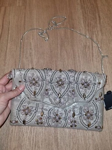 Damen Clutch Tasche Perlen Strass Steine Stickerei Glitzer Party Festival Blumen - Bild 1 von 10