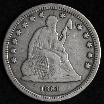 1861 Seated Liberty Silver Quarter VF E291 JINE - Image 1 of 2