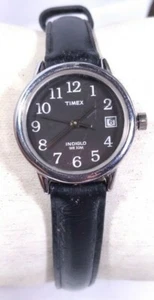 Women Timex Easy Reader Watch T2n525 Indiglo Silver Case Black Face Leather Band - Picture 1 of 9