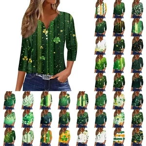 Women's T Shirt Tee Print Button 3/4 Sleeve Daily Weekend Fashion Basic V Neck - Picture 1 of 36