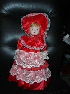 VINTAGE 16" COLLECTIBLE CHRISTMAS PORCELAIN DOLL W/RED DRESS/BLUE EYES,BLONDE - Picture 1 of 3