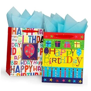 Lot de 2 grands sacs cadeaux joyeux anniversaire 12,6" pour fête d'anniversaire avec mouchoir - Photo 1/8