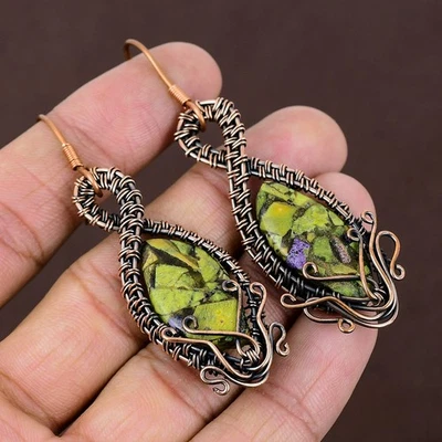 Pendiente envolvente de alambre de cobre natural verde turquesa hecho a mano 2,91 regalo Q383 Foto 1 de 4