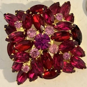 Vintage rot rosa Strass Brosche 2 5/8" Krappenfassung goldfarben - Bild 1 von 4
