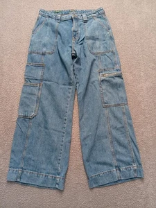 Wild Fable High-Rise Cargo Jeans Women’s Sz 10 R Blue Denim Fair Trade Wide Legs - Picture 1 of 9