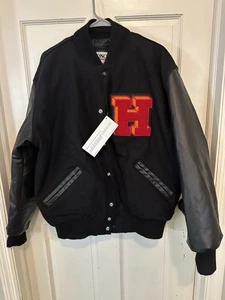 Delong NWT Varsity Jacket Football Baseball Black Orange Patch Lettered H Large - Picture 1 of 13