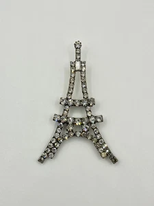 Broche Torre Eiffel Vintage Mediados de Siglo Diamantes de Imitación ~ Tono Plateado Monumento de París - Imagen 1 de 10