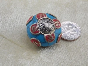 Unusual Handmade Large Coral Blue Tibet Style Bead 1" Diameter Jewelry DIY - Picture 1 of 9