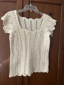 Vintage Ivory Hand-Crocheted Boho Top  Square Neck Small 6 - Picture 1 of 3