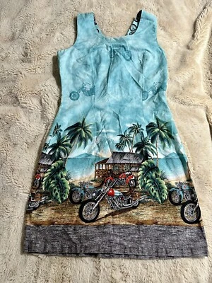 Mini Vestido de Motociclista Hawaiano Vintage Años 90 KY’s Hecho en EE. UU. Sin Mangas Cremallera Espalda Foto 1 de 4